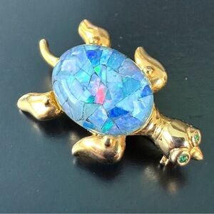Vintage Turtle Brooch Pin Gold Tone Blue Mosaic Faux Opal Shell & Green Eyes